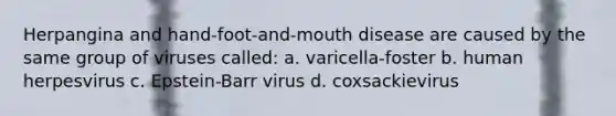 Herpangina and hand-foot-and-mouth disease are caused by the same group of viruses called: a. varicella-foster b. human herpesvirus c. Epstein-Barr virus d. coxsackievirus