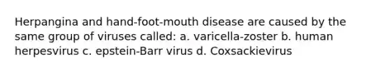 Herpangina and hand-foot-mouth disease are caused by the same group of viruses called: a. varicella-zoster b. human herpesvirus c. epstein-Barr virus d. Coxsackievirus