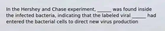 In the Hershey and Chase experiment, ______ was found inside the infected bacteria, indicating that the labeled viral ______ had entered the bacterial cells to direct new virus production