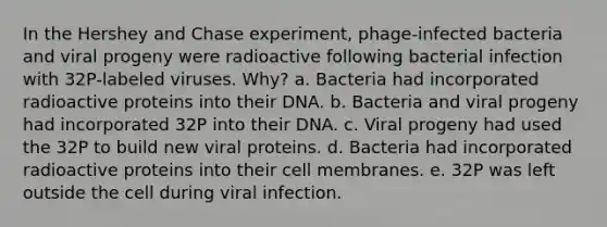 In the Hershey and Chase experiment, phage-infected bacteria and viral progeny were radioactive following bacterial infection with 32P-labeled viruses. Why? a. Bacteria had incorporated radioactive proteins into their DNA. b. Bacteria and viral progeny had incorporated 32P into their DNA. c. Viral progeny had used the 32P to build new viral proteins. d. Bacteria had incorporated radioactive proteins into their cell membranes. e. 32P was left outside the cell during viral infection.