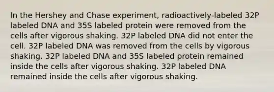 In the Hershey and Chase experiment, radioactively-labeled 32P labeled DNA and 35S labeled protein were removed from the cells after vigorous shaking. 32P labeled DNA did not enter the cell. 32P labeled DNA was removed from the cells by vigorous shaking. 32P labeled DNA and 35S labeled protein remained inside the cells after vigorous shaking. 32P labeled DNA remained inside the cells after vigorous shaking.