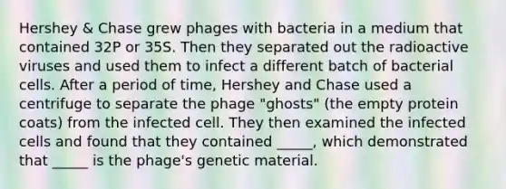 Hershey & Chase grew phages with bacteria in a medium that contained 32P or 35S. Then they separated out the radioactive viruses and used them to infect a different batch of bacterial cells. After a period of time, Hershey and Chase used a centrifuge to separate the phage "ghosts" (the empty protein coats) from the infected cell. They then examined the infected cells and found that they contained _____, which demonstrated that _____ is the phage's genetic material.