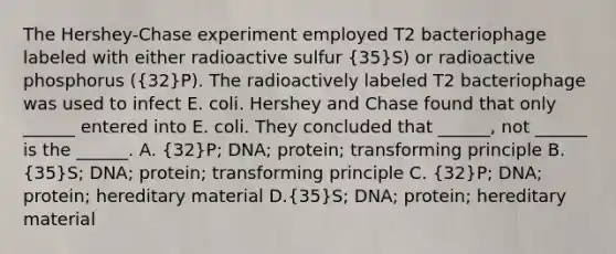 The Hershey-Chase experiment employed T2 bacteriophage labeled with either radioactive sulfur (35)S) or radioactive phosphorus ((32)P). The radioactively labeled T2 bacteriophage was used to infect E. coli. Hershey and Chase found that only ______ entered into E. coli. They concluded that ______, not ______ is the ______. A. (32)P; DNA; protein; transforming principle B. (35)S; DNA; protein; transforming principle C. (32)P; DNA; protein; hereditary material D.(35)S; DNA; protein; hereditary material