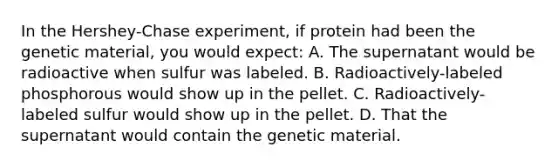 In the Hershey-Chase experiment, if protein had been the genetic material, you would expect: A. The supernatant would be radioactive when sulfur was labeled. B. Radioactively-labeled phosphorous would show up in the pellet. C. Radioactively-labeled sulfur would show up in the pellet. D. That the supernatant would contain the genetic material.