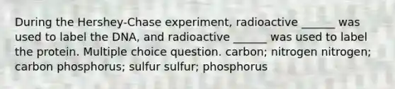 During the Hershey-Chase experiment, radioactive ______ was used to label the DNA, and radioactive ______ was used to label the protein. Multiple choice question. carbon; nitrogen nitrogen; carbon phosphorus; sulfur sulfur; phosphorus