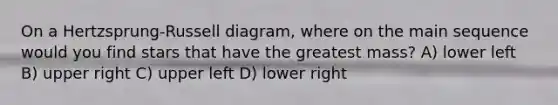 On a Hertzsprung-Russell diagram, where on the main sequence would you find stars that have the greatest mass? A) lower left B) upper right C) upper left D) lower right
