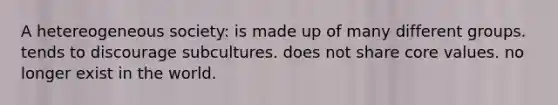 A hetereogeneous society: is made up of many different groups. tends to discourage subcultures. does not share core values. no longer exist in the world.