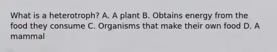 What is a heterotroph? A. A plant B. Obtains energy from the food they consume C. Organisms that make their own food D. A mammal