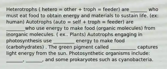 Heterotrophs ( hetero = other + troph = feeder) are _______ who must eat food to obtain energy and materials to sustain life. (ex: human) Autotrophs (auto = self + troph = feeder) are ________who use energy to make food (organic molecules) from inorganic molecules. ( ex.. Plants) Autotrophs engaging in photosynthesis use _________ energy to make food (carbohydrates) . The green pigment called ___________ captures light energy from the sun. Photosynthetic organisms include: _______, _______, and some prokaryotes such as cyanobacteria.