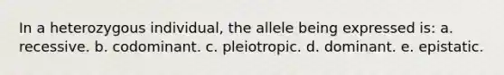 In a heterozygous individual, the allele being expressed is: a. recessive. b. codominant. c. pleiotropic. d. dominant. e. epistatic.