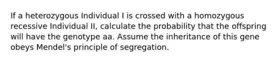 If a heterozygous Individual I is crossed with a homozygous recessive Individual II, calculate the probability that the offspring will have the genotype aa. Assume the inheritance of this gene obeys Mendel's principle of segregation.