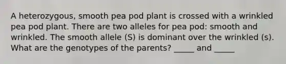 A heterozygous, smooth pea pod plant is crossed with a wrinkled pea pod plant. There are two alleles for pea pod: smooth and wrinkled. The smooth allele (S) is dominant over the wrinkled (s). What are the genotypes of the parents? _____ and _____