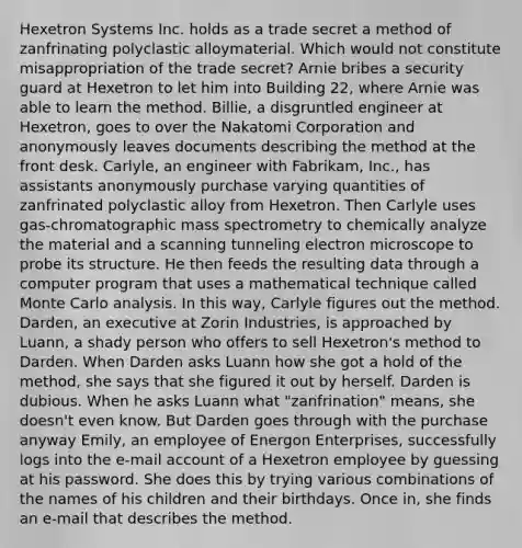 Hexetron Systems Inc. holds as a trade secret a method of zanfrinating polyclastic alloymaterial. Which would not constitute misappropriation of the trade secret? Arnie bribes a security guard at Hexetron to let him into Building 22, where Arnie was able to learn the method. Billie, a disgruntled engineer at Hexetron, goes to over the Nakatomi Corporation and anonymously leaves documents describing the method at the front desk. Carlyle, an engineer with Fabrikam, Inc., has assistants anonymously purchase varying quantities of zanfrinated polyclastic alloy from Hexetron. Then Carlyle uses gas-chromatographic mass spectrometry to chemically analyze the material and a scanning tunneling electron microscope to probe its structure. He then feeds the resulting data through a computer program that uses a mathematical technique called Monte Carlo analysis. In this way, Carlyle figures out the method. Darden, an executive at Zorin Industries, is approached by Luann, a shady person who offers to sell Hexetron's method to Darden. When Darden asks Luann how she got a hold of the method, she says that she figured it out by herself. Darden is dubious. When he asks Luann what "zanfrination" means, she doesn't even know. But Darden goes through with the purchase anyway Emily, an employee of Energon Enterprises, successfully logs into the e-mail account of a Hexetron employee by guessing at his password. She does this by trying various combinations of the names of his children and their birthdays. Once in, she finds an e-mail that describes the method.