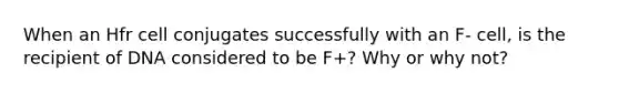 When an Hfr cell conjugates successfully with an F- cell, is the recipient of DNA considered to be F+? Why or why not?