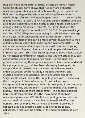 HGT can have immediate, practical effects on human health -Scientific studies have shown that not only are antibiotic-resistance genes being spread by horizontal gene transfer but that horizontal gene transfer is contributing the evolution of nastier bugs. -Genes making pathogens more _____ can easily be moved via HGT. -E. coli O157:H7 causes bloody diarrhea and can also cause kidney failure and death in some cases, particularly among children. So does E. coli O26, the strain that was the culprit in the Chipotle outbreak in 2015/2016. People usually get sick from STEC (Shiga toxin-producing E. coli) 2-8 days (average of 3-4 days) after swallowing the organism (germ). Some illnesses last longer and can be more severe, resulting in a type of kidney failure called hemolytic uremic syndrome (HUS). HUS can occur in people of any age, but is most common in young children under 5 years, older adults, and people with weakened immune systems. -This killer strain appears to have been created by horizontal gene transfer, where a less virulent strain of E. coli acquired the genes to make a new toxin. -In this case, the process of acquiring these genes appears to have been mediated by a phage, or a _____. -It has been shown by looking at the composition of the toxin that the virus originally entered a Shigella species, which naturally produces the toxin, and inserted itself into its genome. When one broke out of the Shigella cell, it took part of the Shigella genes with it, including the toxin gene. It then infected an E. coli cell and was incorporated into its genome. With this new gene, E. coli not only causes diarrhea, but the toxin it acquired makes that diarrhea bloody, leading to its more lethal effect. -The second example here should look familiar. It is the movement of antibiotic resistance genes via HGT. -While horizontal gene transfer is a serious medical concern, it can lead to beneficial effects for humans. -For example, HGT among soil bacteria growing in polluted sites has created bacteria able to degrade new pollutants, which may be helpful in the bioremediation of such sites.