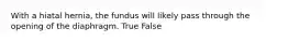 With a hiatal hernia, the fundus will likely pass through the opening of the diaphragm. True False