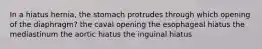 In a hiatus hernia, the stomach protrudes through which opening of the diaphragm? the caval opening the esophageal hiatus the mediastinum the aortic hiatus the inguinal hiatus