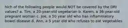 hich of the following people would NOT be covered by the DRI values? a. Tim, a 20-year-old vegetarian b. Karen, a 36-year-old pregnant woman c. Joe, a 50 year old who has inflammatory bowel disease d. Ann, a 5 year old who refuses to eat vegetables