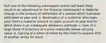 hich one of the following subsequent events will least likely result in an adjustment to the financial statements? a. Material change in the amount of settlement of a lawsuit which had been estimated at year end. b. Bankruptcy of a customer who owes your client a material amount on open account at year end for which there is an inadequate allowance estimate. c. Sale of a large block of inventory at a price materially below carrying value. d. Signing of a letter-of-intent by the client to acquire 55% of another entity for stock.