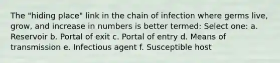 The "hiding place" link in the chain of infection where germs live, grow, and increase in numbers is better termed: Select one: a. Reservoir b. Portal of exit c. Portal of entry d. Means of transmission e. Infectious agent f. Susceptible host