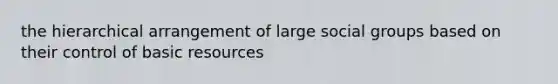 the hierarchical arrangement of large social groups based on their control of basic resources