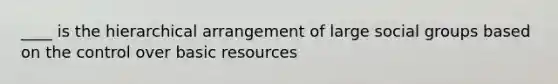 ____ is the hierarchical arrangement of large social groups based on the control over basic resources