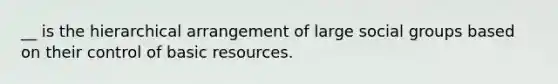 __ is the hierarchical arrangement of large social groups based on their control of basic resources.