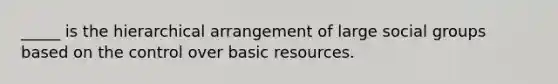 _____ is the hierarchical arrangement of large social groups based on the control over basic resources.