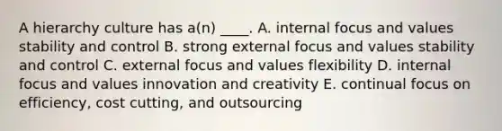 A hierarchy culture has a(n) ____. A. internal focus and values stability and control B. strong external focus and values stability and control C. external focus and values flexibility D. internal focus and values innovation and creativity E. continual focus on efficiency, cost cutting, and outsourcing