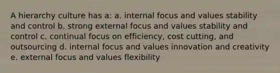 A hierarchy culture has a: a. internal focus and values stability and control b. strong external focus and values stability and control c. continual focus on efficiency, cost cutting, and outsourcing d. internal focus and values innovation and creativity e. external focus and values flexibility