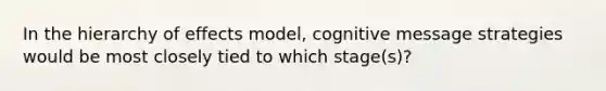 In the hierarchy of effects model, cognitive message strategies would be most closely tied to which stage(s)?