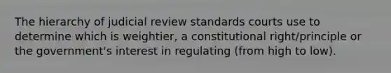 The hierarchy of judicial review standards courts use to determine which is weightier, a constitutional right/principle or the government's interest in regulating (from high to low).