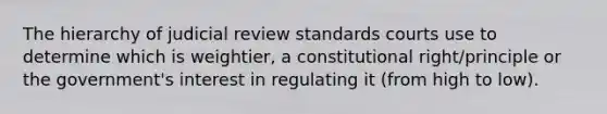 The hierarchy of judicial review standards courts use to determine which is weightier, a constitutional right/principle or the government's interest in regulating it (from high to low).