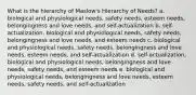 What is the hierarchy of Maslow's Hierarchy of Needs? a. biological and physiological needs, safety needs, esteem needs, belongingness and love needs, and self-actualization b. self-actualization, biological and physiological needs, safety needs, belongingness and love needs, and esteem needs c. biological and physiological needs, safety needs, belongingness and love needs, esteem needs, and self-actualization d. self-actualization, biological and physiological needs, belongingness and love needs, safety needs, and esteem needs e. biological and physiological needs, belongingness and love needs, esteem needs, safety needs, and self-actualization