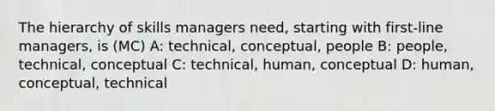 The hierarchy of skills managers need, starting with first-line managers, is (MC) A: technical, conceptual, people B: people, technical, conceptual C: technical, human, conceptual D: human, conceptual, technical