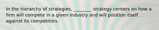 In the hierarchy of strategies, ________ strategy centers on how a firm will compete in a given industry and will position itself against its competitors.