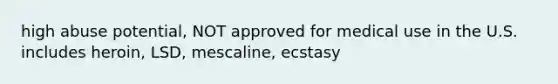 high abuse potential, NOT approved for medical use in the U.S. includes heroin, LSD, mescaline, ecstasy