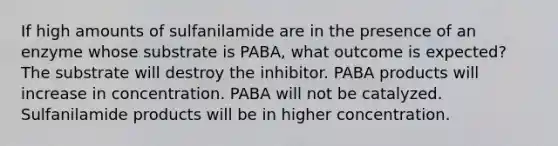 If high amounts of sulfanilamide are in the presence of an enzyme whose substrate is PABA, what outcome is expected? The substrate will destroy the inhibitor. PABA products will increase in concentration. PABA will not be catalyzed. Sulfanilamide products will be in higher concentration.