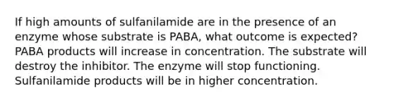 If high amounts of sulfanilamide are in the presence of an enzyme whose substrate is PABA, what outcome is expected? PABA products will increase in concentration. The substrate will destroy the inhibitor. The enzyme will stop functioning. Sulfanilamide products will be in higher concentration.