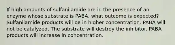 If high amounts of sulfanilamide are in the presence of an enzyme whose substrate is PABA, what outcome is expected? Sulfanilamide products will be in higher concentration. PABA will not be catalyzed. The substrate will destroy the inhibitor. PABA products will increase in concentration.