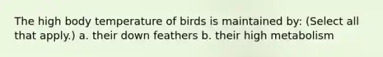 The high body temperature of birds is maintained by: (Select all that apply.) a. their down feathers b. their high metabolism