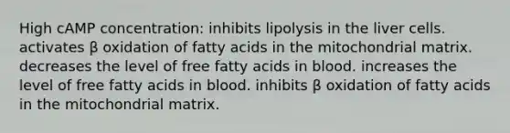 High cAMP concentration: inhibits lipolysis in the liver cells. activates β oxidation of fatty acids in the mitochondrial matrix. decreases the level of free fatty acids in blood. increases the level of free fatty acids in blood. inhibits β oxidation of fatty acids in the mitochondrial matrix.