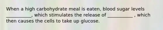 When a high carbohydrate meal is eaten, blood sugar levels ___________, which stimulates the release of ___________ , which then causes the cells to take up glucose.