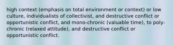 high context (emphasis on total environment or context) or low culture, individualists of collectivist, and destructive conflict or opportunistic conflict, and mono-chronic (valuable time), to poly-chronic (relaxed attitude), and destructive conflict or opportunistic conflict.