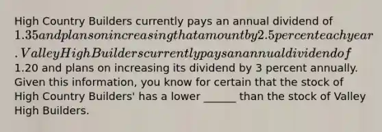 High Country Builders currently pays an annual dividend of 1.35 and plans on increasing that amount by 2.5 percent each year. Valley High Builders currently pays an annual dividend of1.20 and plans on increasing its dividend by 3 percent annually. Given this information, you know for certain that the stock of High Country Builders' has a lower ______ than the stock of Valley High Builders.