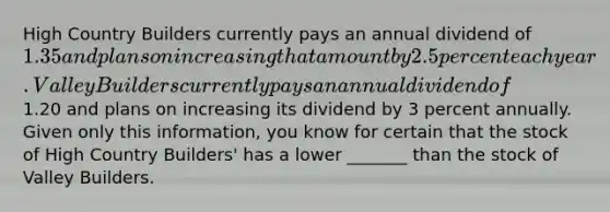 High Country Builders currently pays an annual dividend of 1.35 and plans on increasing that amount by 2.5 percent each year. Valley Builders currently pays an annual dividend of1.20 and plans on increasing its dividend by 3 percent annually. Given only this information, you know for certain that the stock of High Country Builders' has a lower _______ than the stock of Valley Builders.