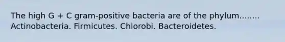 The high G + C gram-positive bacteria are of the phylum........ Actinobacteria. Firmicutes. Chlorobi. Bacteroidetes.