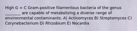 High G + C Gram-positive filamentous bacteria of the genus ________ are capable of metabolizing a diverse range of environmental contaminants. A) Actinomyces B) Streptomyces C) Corynebacterium D) Rhizobium E) Nocardia