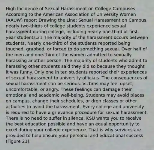 High Incidence of Sexual Harassment on College Campuses According to the American Association of University Women (AAUW) report Drawing the Line: Sexual Harassment on Campus, nearly two-thirds of college students experience sexual harassment during college, including nearly one-third of first-year students.21 The majority of the harassment occurs between students. Nearly one-third of the students reported being touched, grabbed, or forced to do something sexual. Over half of the men and one-third of the women admitted to sexually harassing another person. The majority of students who admit to harassing other students said they did so because they thought it was funny. Only one in ten students reported their experiences of sexual harassment to university officials. The consequences of sexual harassment can be serious. Victims may feel upset, uncomfortable, or angry. These feelings can damage their emotional and academic well-being. Students may avoid places on campus, change their schedules, or drop classes or other activities to avoid the harassment. Every college and university is required to have a grievance procedure for sexual harassment. There is no need to suffer in silence. KSU wants you to receive the best education possible and have an equal opportunity to excel during your college experience. That is why services are provided to help ensure your personal and educational success (Figure 21).