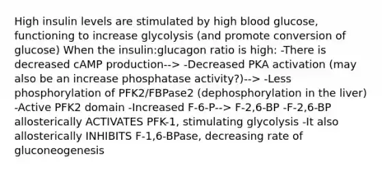 High insulin levels are stimulated by high blood glucose, functioning to increase glycolysis (and promote conversion of glucose) When the insulin:glucagon ratio is high: -There is decreased cAMP production--> -Decreased PKA activation (may also be an increase phosphatase activity?)--> -Less phosphorylation of PFK2/FBPase2 (dephosphorylation in the liver) -Active PFK2 domain -Increased F-6-P--> F-2,6-BP -F-2,6-BP allosterically ACTIVATES PFK-1, stimulating glycolysis -It also allosterically INHIBITS F-1,6-BPase, decreasing rate of gluconeogenesis